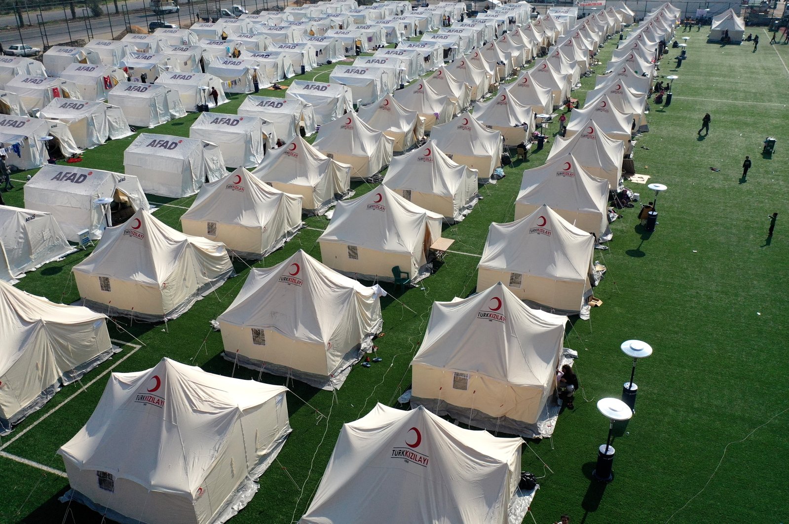 An aerial view of the 127 tents set up at Kırıkhan City Stadium in Hatay, southeastern Türkiye, Feb. 22, 2023. (AA Photo)
