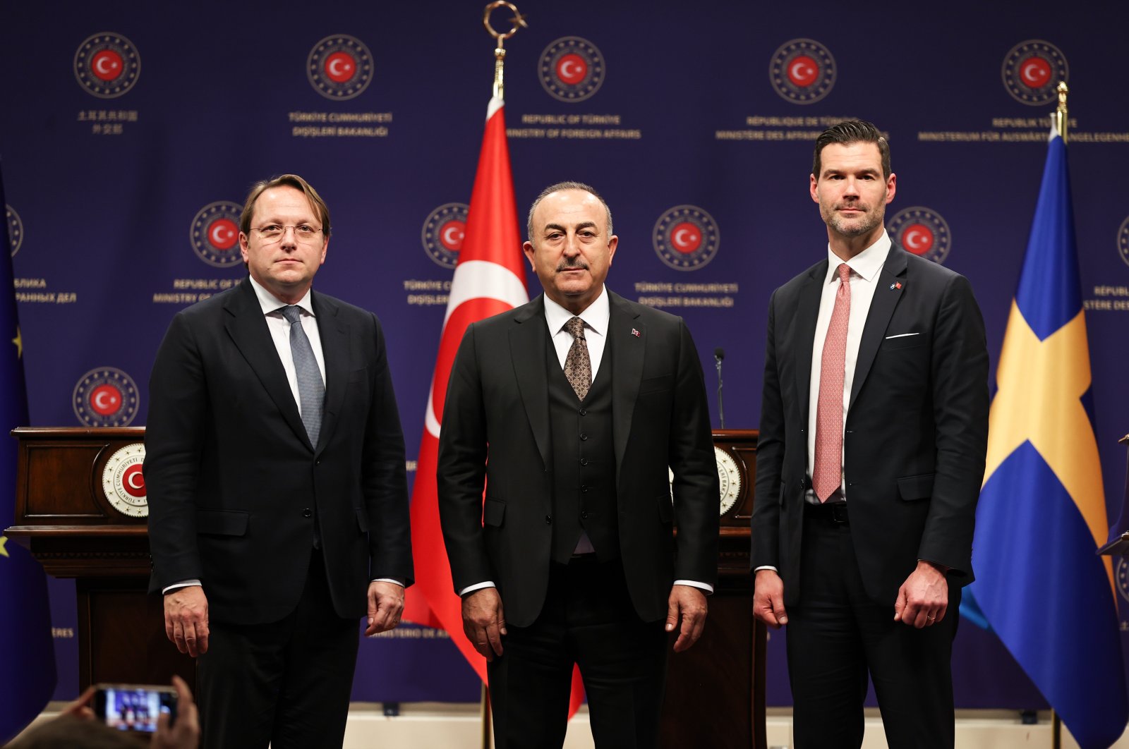 Foreign Minister Mevlüt Çavuşoğlu (C), EU Commissioner Oliver Varhelyi (L) and Sweden&#039;s Johan Forssell (R) pose after the press conference, in the capital Ankara, Türkiye, Feb. 22, 2023. (AA Photo) 