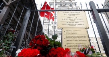 Flowers left by people outside of the Turkish Embassy who paid tribute to the victims of an earthquake in Türkiye and Syria, in Kyiv, Ukraine, Feb. 7, 2023. (Reuters Photo)