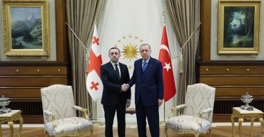 President Recep Tayyip Erdoğan (R) shakes hands with Prime Minister Irakli Garibashvili, in the capital Ankara, Türkiye, Feb. 23, 2023. (AA Photo)