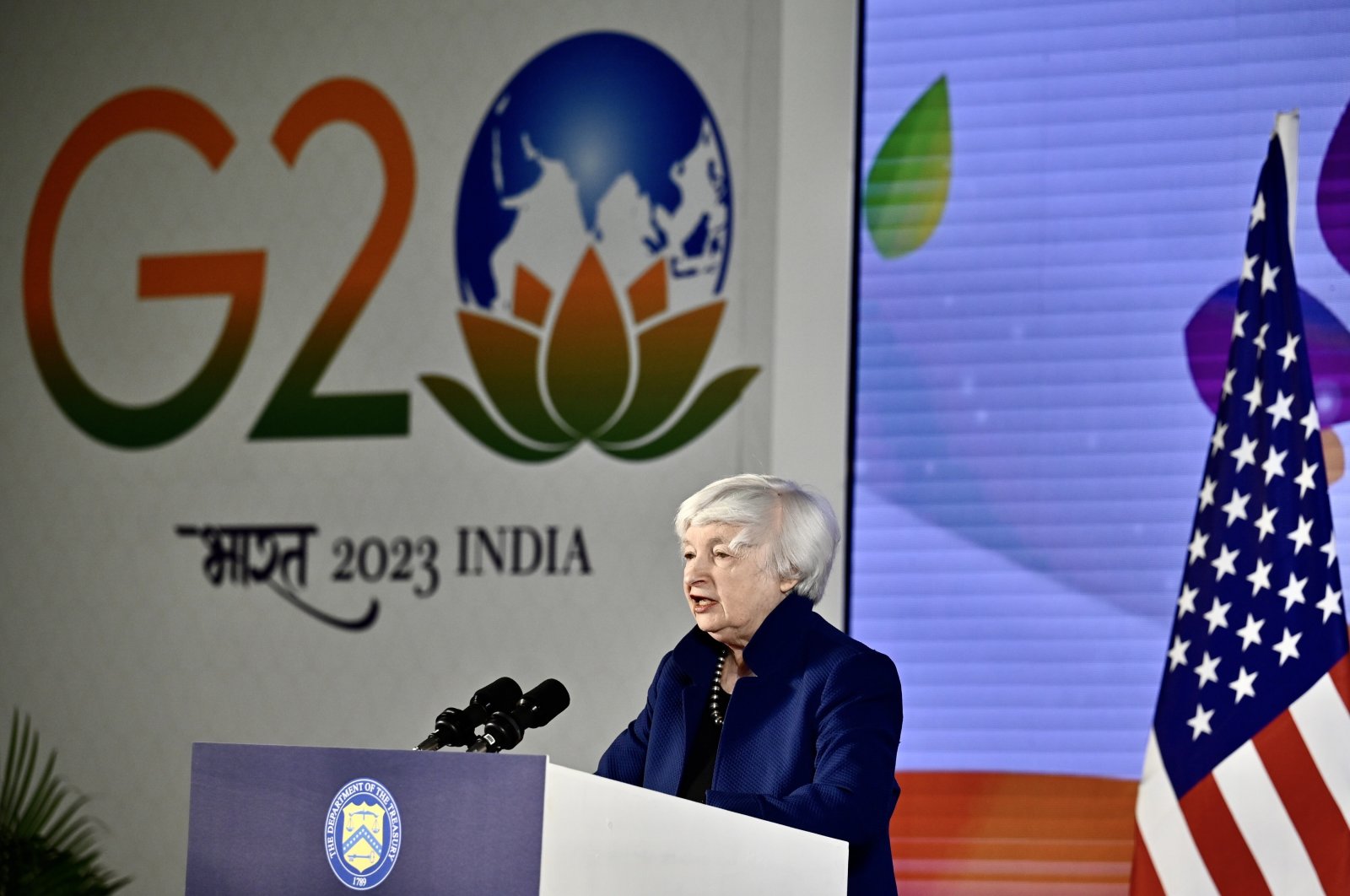 United States Secretary of the Treasury Janet Yellen addresses a news conference during the G-20 Finance Ministers and Central Bank Governors (FMCBG) meeting in Bangalore, India, Feb. 23, 2023. (EPA Photo)