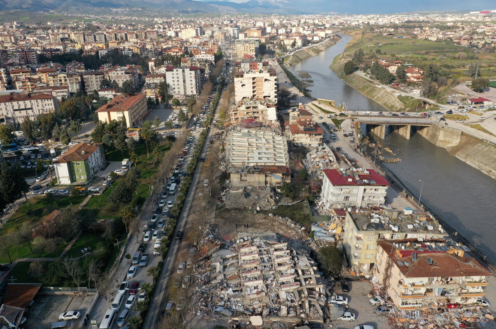 An aerial view shows collapsed and damaged buildings following an earthquake in Hatay, Türkiye, Feb.7, 2023. (Reuters Photo)