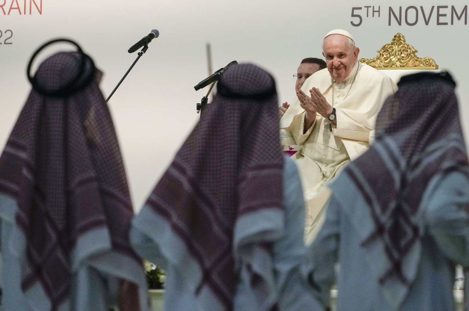 Dancers perform as Pope Francis attends a meeting with the youth at the Sacred Heart School in Manama, Bahrain, Nov. 5, 2022. (AP Photo)