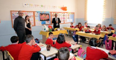 Students who came to Kars with their families after the Kahramanmaraş-centered earthquakes start lessons at the new schools they were transferred to, Kars, eastern Türkiye, Feb. 23, 2023. (AA Photo)
