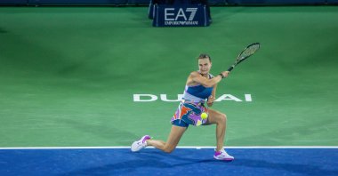 Belarusian Aryna Sabalenka during match against Latvia's Jelena Ostapenko during the "Dubai Duty Free" Tennis Championship 16-round women's singles match at the Dubai Duty Tennis Stadium, Dubai, UAE, Feb. 23, 2023. (AA Photo)