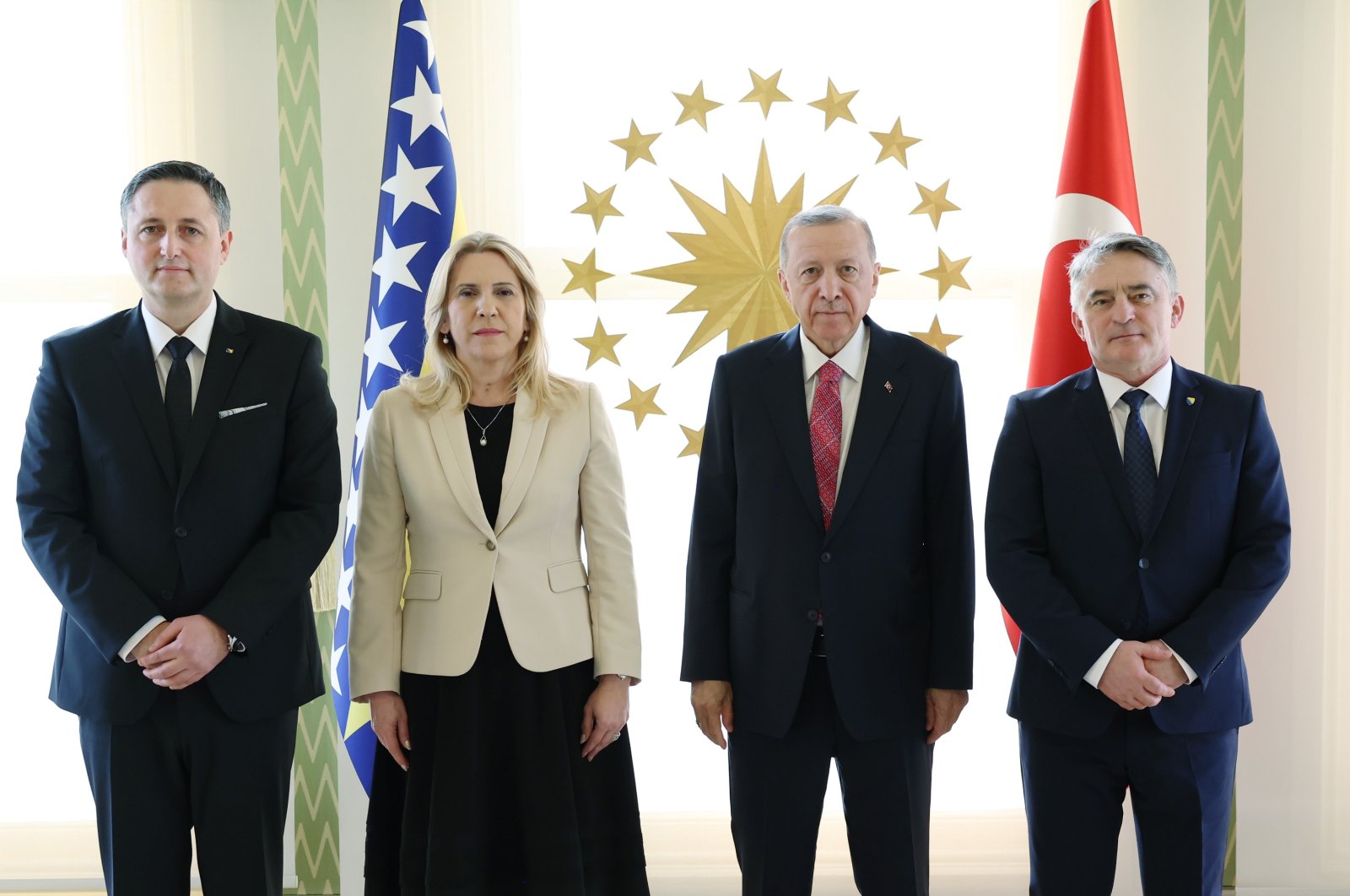 President Recep Tayyip Erdoğan (C-R) poses for a picture with Bosnia-Herzegovina’s Presidential Council’s Bosniak member Denis Becirovic (L), Croat member Zeljko Komsic (R) and Serb member Zeljka Cvijanovic in Istanbul, Türkiye, Feb. 24, 2023. (AA Photo)