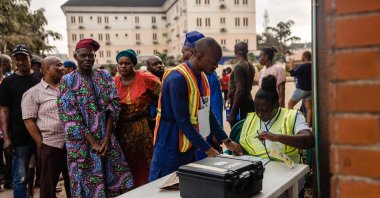 Independent National Electoral Commission (INEC) officials set up voting materials at a polling station in Ojuelegba, Lagos, Nigeria, Feb. 25, 2023. (AFP Photo)