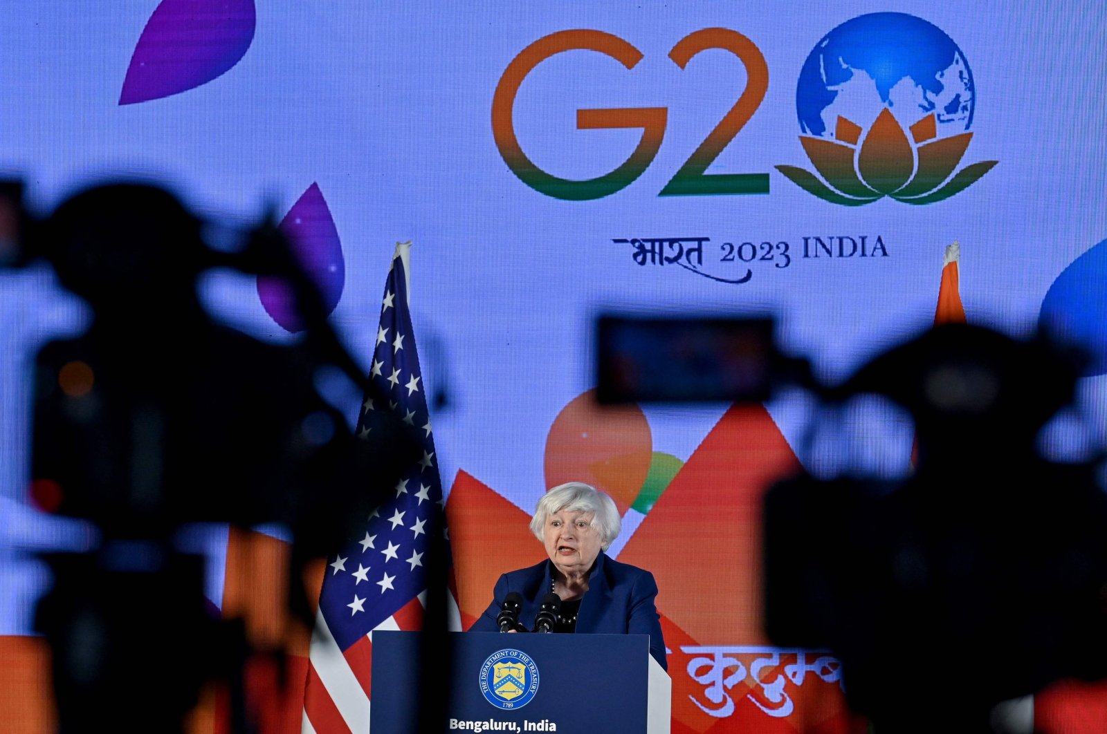 United States&#039; Secretary of Treasury, Janet Yellen addresses the media during a news conference at the G20 Presidency in Bengaluru, India, Feb. 23, 2023. (AFP Photo)