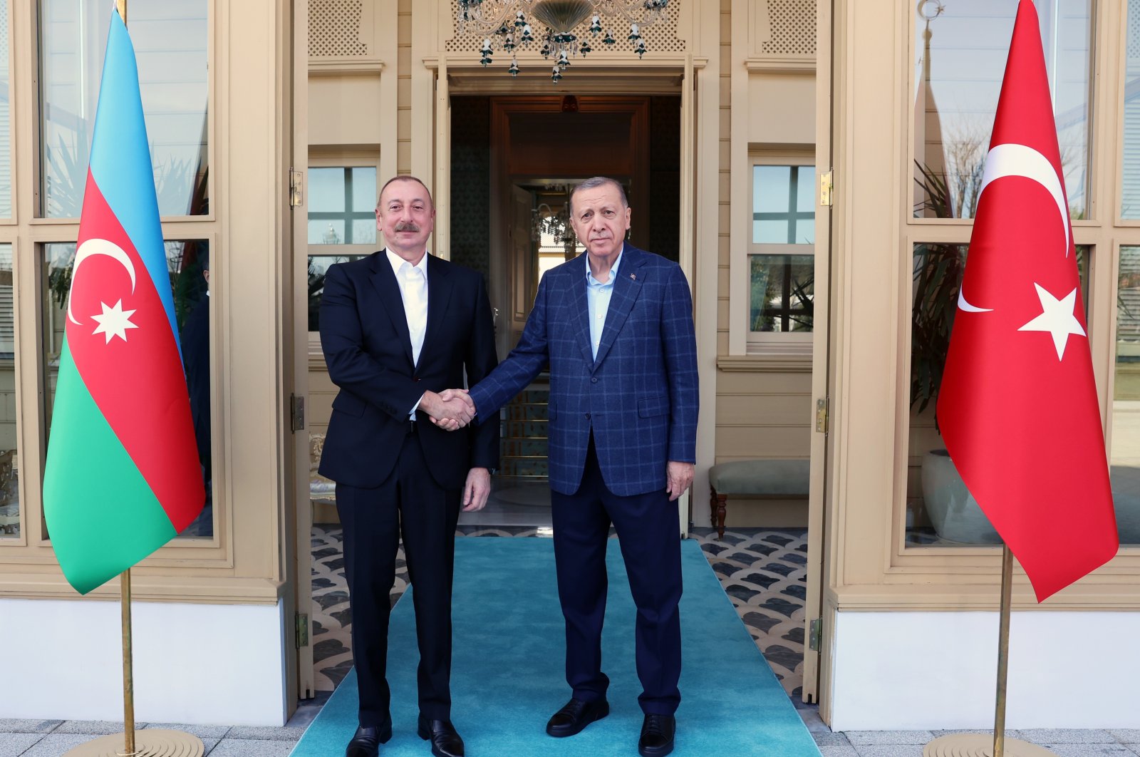President Recep Tayyip Erdoğan receives Azerbaijan&#039;s President Ilham Aliyev, in Istanbul, Türkiye, Feb. 25, 2023. (AA Photo)