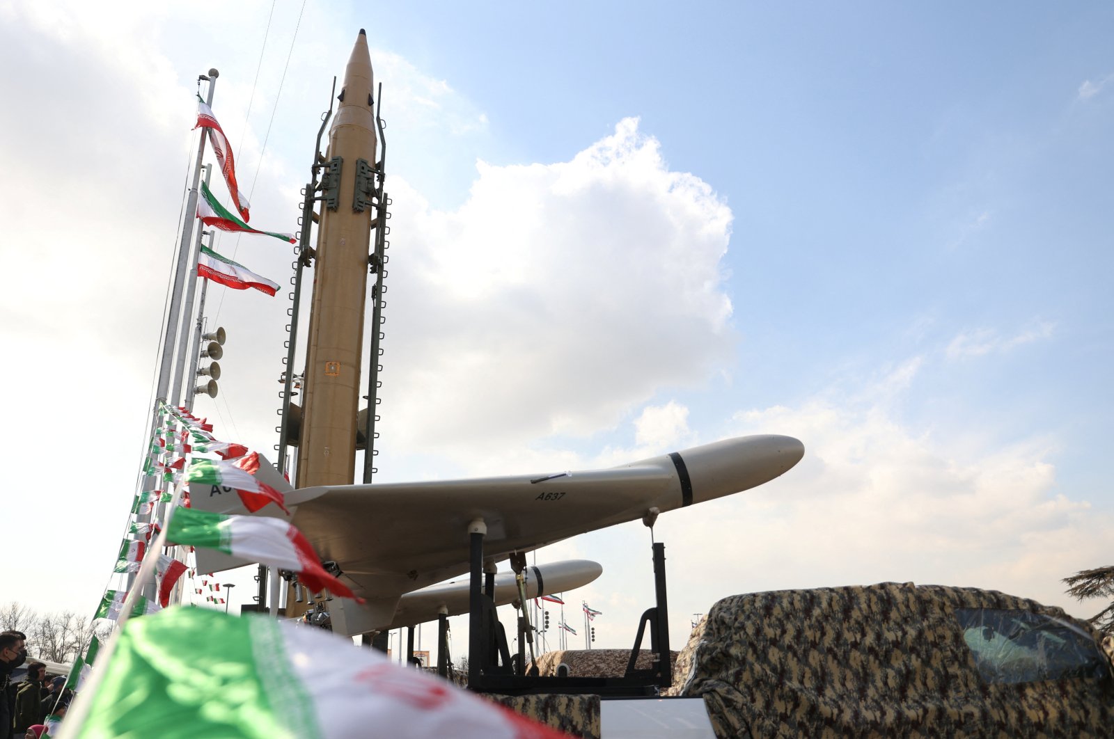 A drone is seen next to an Iranian missile during the 44th anniversary of the Islamic Revolution in Tehran, Iran, Feb. 11, 2023. (West Asia News Agency via Reuters)