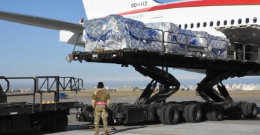 A cargo plane from Japan unloads aid supplies at an airport, in Adana, southern Türkiye, Feb. 21, 2023. (AA Photo)