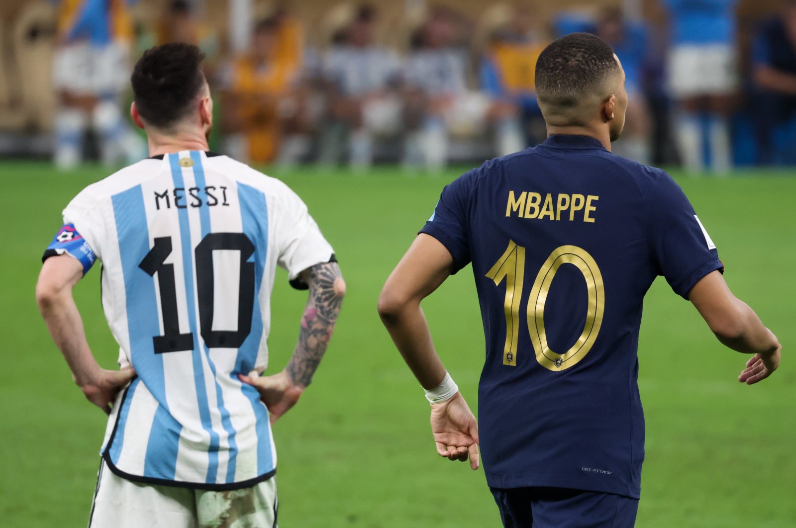 Lionel Messi (L) and Kylian Mbappe during the FIFA World Cup Qatar 2022 Final match, Lusail City, Qatar, Dec. 18, 2022. (Getty Images)