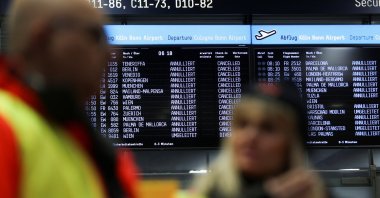 A view of time tables showing canceled flights as airport workers protest at Cologne Bonn Airport during a strike called by German trade union Verdi in Cologne, Germany, Feb. 27, 2023. (Reuters Photo)