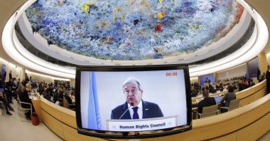 U.N. Secretary-General Antonio Guterres addresses the Human Rights Council, Geneva, Switzerland, Feb. 27, 2023. (EPA Photo)