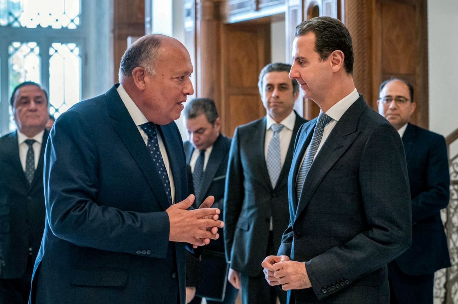 Egypt&#039;s Foreign Minister Sameh Shoukry (L) meets with Syrian leader Bashar Assad in Damascus, Syria, Feb. 27, 2023. (AFP Photo)