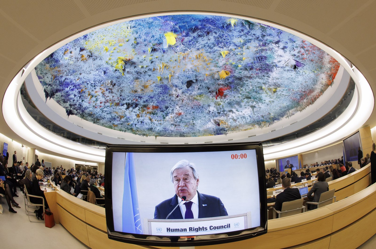 U.N. Secretary-General Antonio Guterres addresses the Human Rights Council, Geneva, Switzerland, Feb. 27, 2023. (EPA Photo)