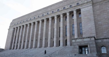 The exterior of the Finnish Parliament in Helsinki, April 20, 2022. (AFP Photo)