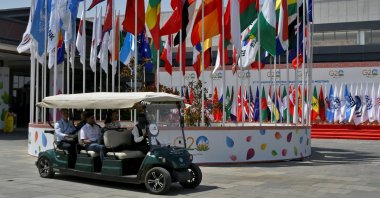 Delegates ride in a buggy at the G-20 finance officials meeting venue near Bengaluru, India, Feb. 22, 2023. (Reuters Photo)
