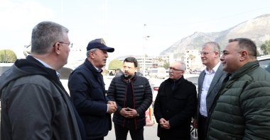 Defense Minister Hulusi Akar speaks to journalists in Hatay, southern Türkiye, Feb. 25, 2023. (Sabah Photo)