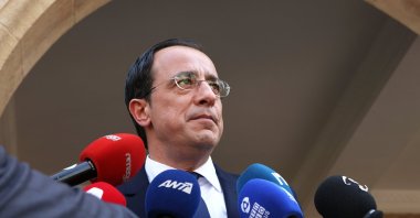 Nikos Christodoulides, the Greek Cypriot administration's new president, speaks to journalists in the United Nations-controlled buffer zone near Lefkoşa (Nicosia), Cyprus, Feb. 28, 2023. (EPA Photo)