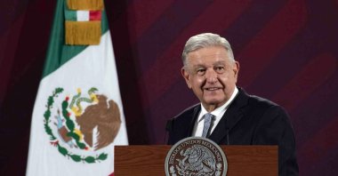 Mexico's President Andres Manuel Lopez Obrador announcing the agreement with U.S. company Tesla to place an assembly factory for electric cars in the state of Nuevo Leon, during a conference at the National Palace,Mexico City, Mexico, Feb. 28, 2023. (Mexican Presidency Photo via AFP)