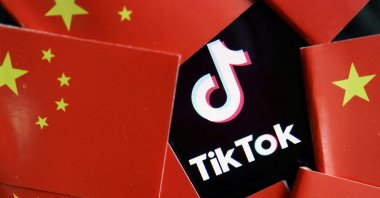 China's flags are seen near a TikTok logo in this illustration picture taken July 16, 2020. (Reuters Photo)