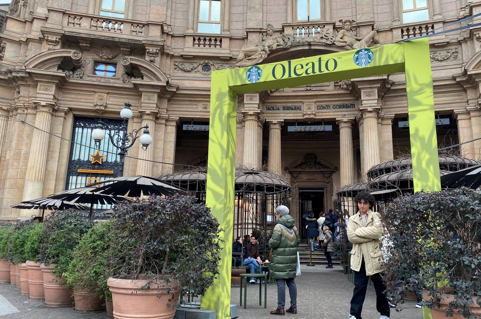 A view of the Starbucks Reserve Roastery in Milan&#039;s city center with a banner advertising the new &quot;Oleato&quot; olive oil-infused coffee in Milan, Italy, Feb. 22, 2023. (Reuters Photo)