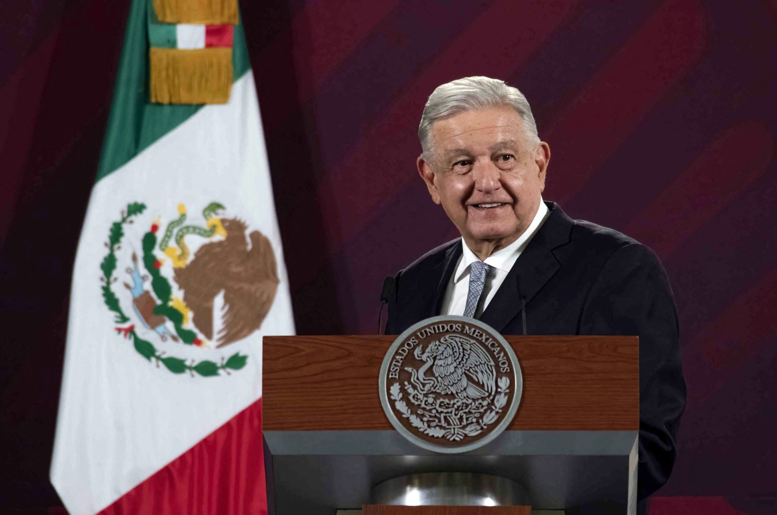 Mexico&#039;s President Andres Manuel Lopez Obrador announcing the agreement with U.S. company Tesla to place an assembly factory for electric cars in the state of Nuevo Leon, during a conference at the National Palace,Mexico City, Mexico, Feb. 28, 2023. (Mexican Presidency Photo via AFP)