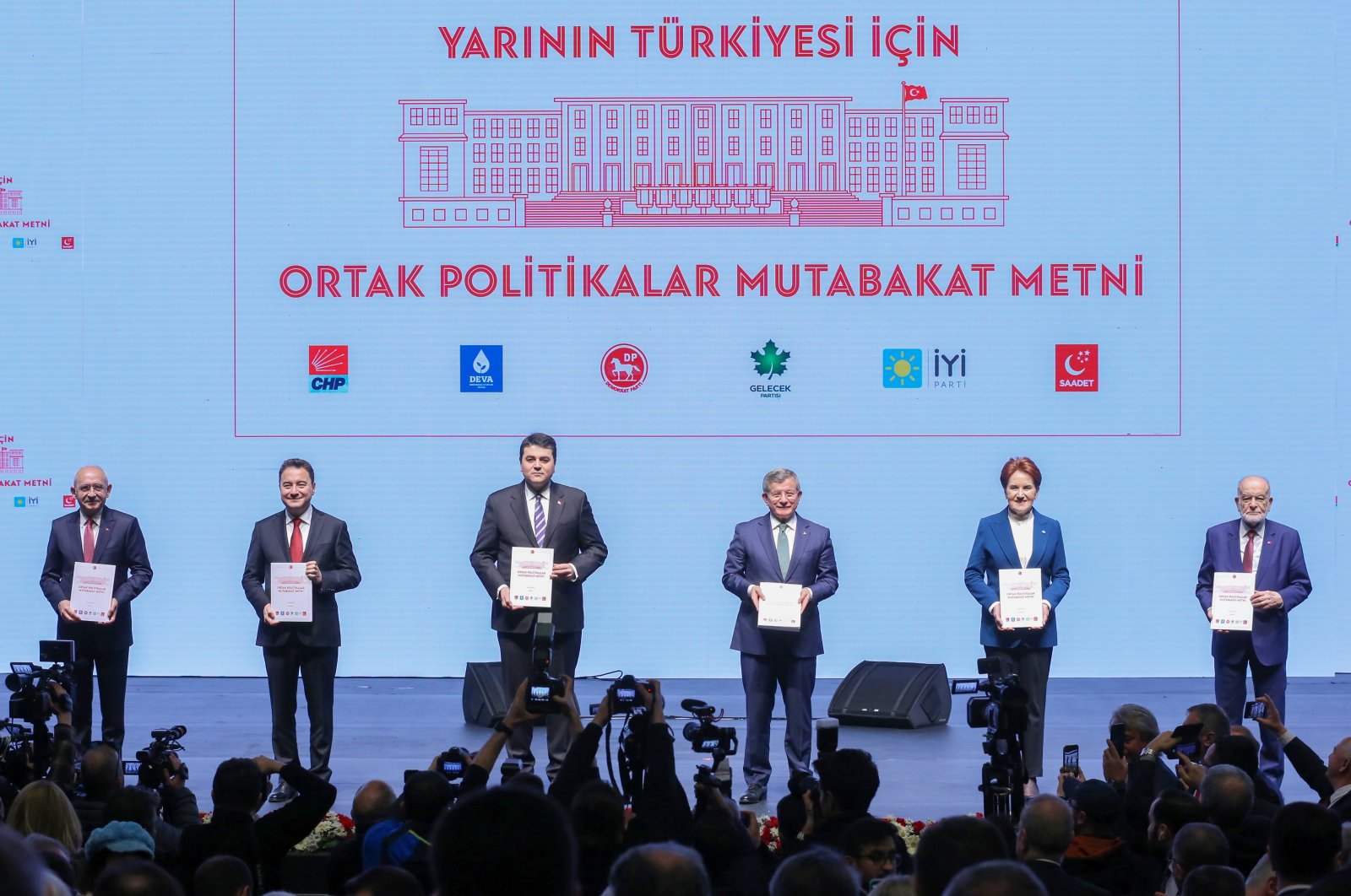 The leaders of the opposition bloc pose on stage before presenting the election program, in the capital Ankara, Türkiye, Jan. 30, 2023. (EPA Photo)