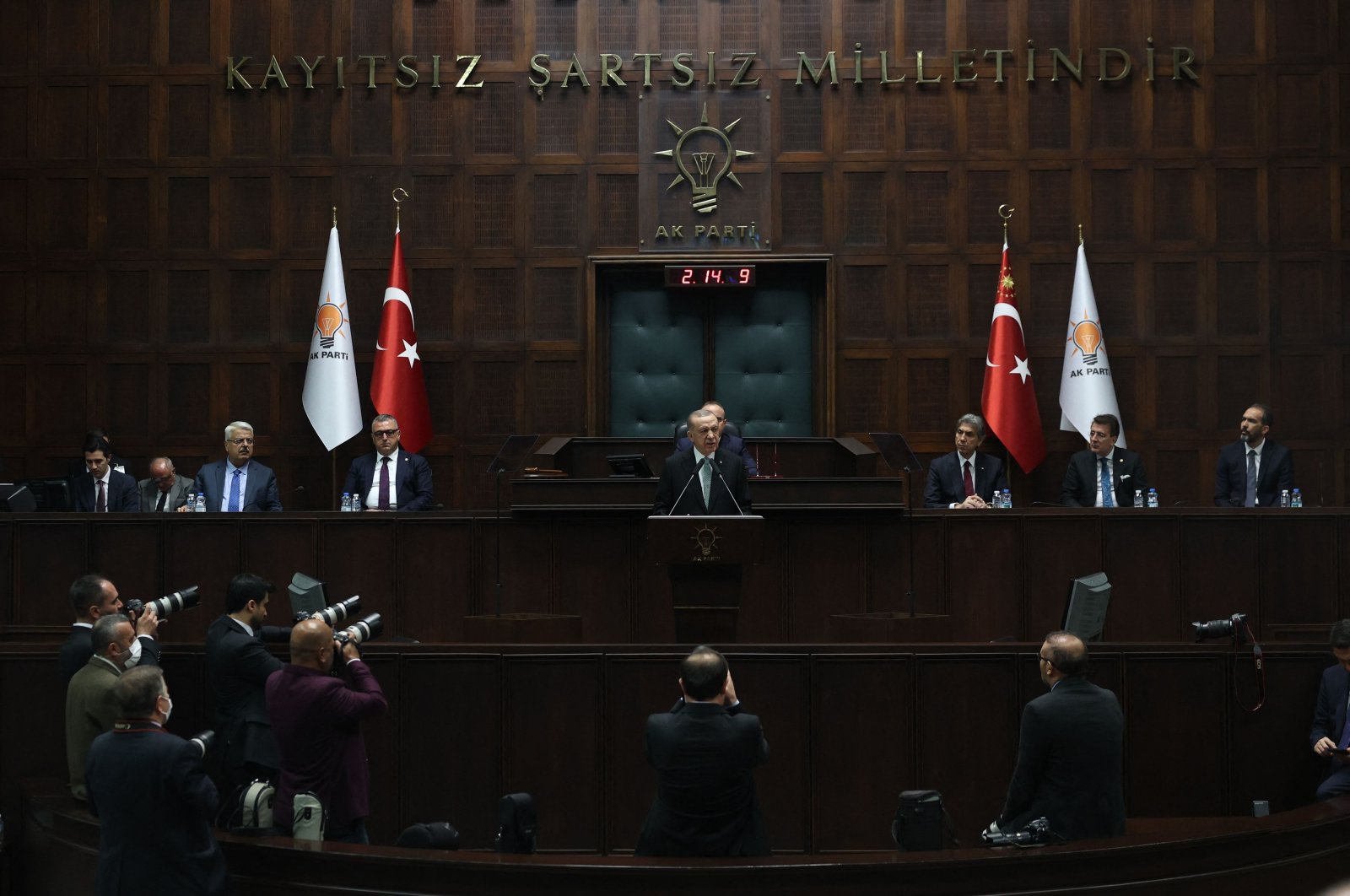 President Recep Tayyip Erdoğan speaks at the AK Party&#039;s group meeting at Parliament, in the capital Ankara, Türkiye, March 1, 2023. (AFP Photo)