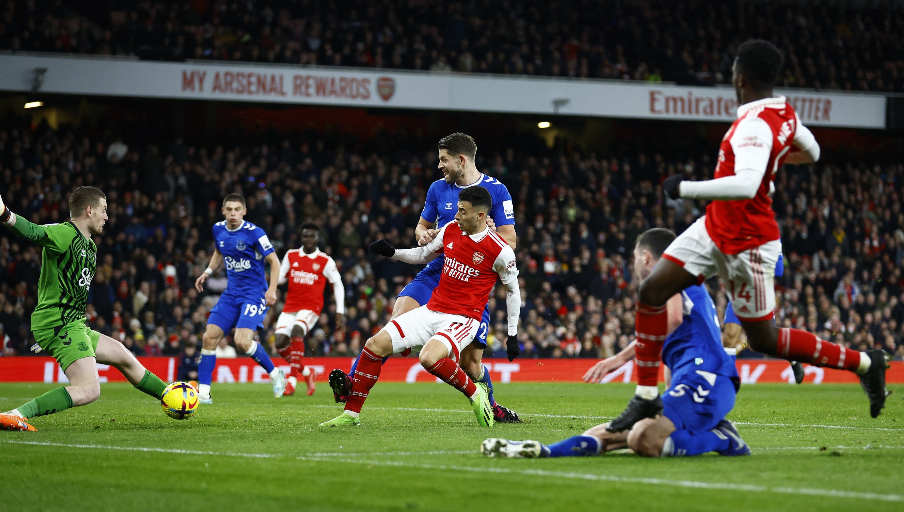 Emirates Stadium, London, UK. 1st Mar, 2023. Premier League Football,  Arsenal versus Everton; Gabriel of Arsenal