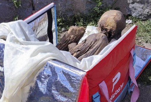 This handout picture shows a mummy found inside a cooler box used by a delivery service worker in Puno, Peru, Feb. 25, 2023. (AFP Photo)