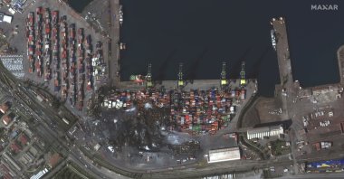 This satellite image provided by Maxar Technologies shows an overview of damaged containers and port facilities after an earthquake in Iskenderun, Türkiye, Feb. 12, 2023. (AP photo)