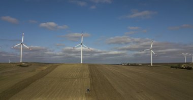 An aerial view taken by a drone shows wind turbines in the countryside of Istanbul, Türkiye, Oct. 22, 2020. (EPA Photo)