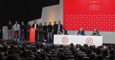 Spanish Soccer Federation (RFEF) Secretary-General Andreu Camps (C seated) and Spanish Technical Committee of Referees (CTA) President Luis Medina Cantalejo (R seated) listen to Spanish referee Jose Maria Sanchez Martinez (L) during a press conference at the headquarters of the RFEF at the Ciudad del Futbol de las Rozas outside Madrid, Spain, March 2, 2023. (EPA Photo)