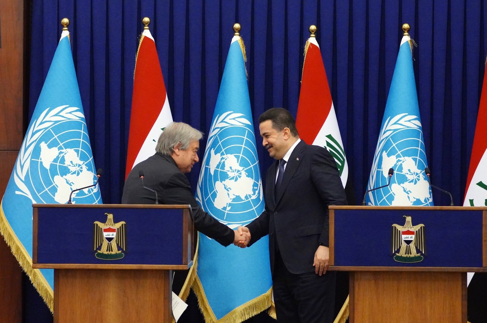Iraqi Prime Minister Mohammed Shia al-Sudani (R) meets with United Nations Secretary-General Antonio Guterres (L) in Baghdad, Iraq, March 1, 2023. (AA Photo)