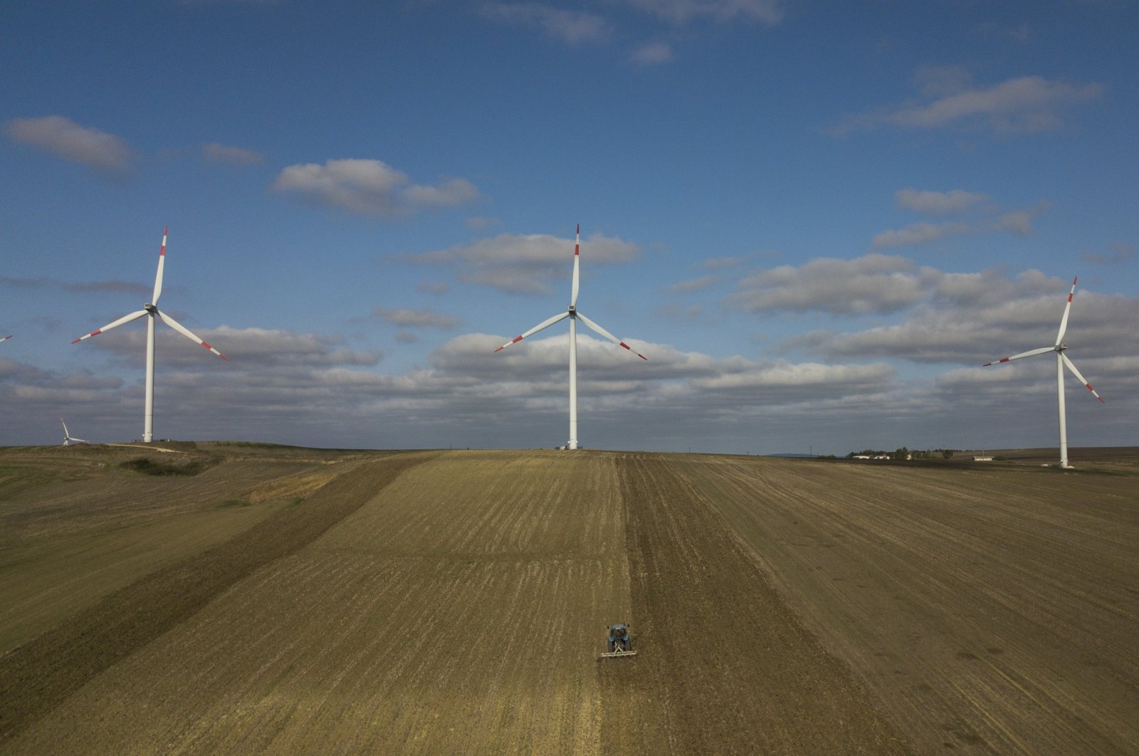 An aerial view taken by a drone shows wind turbines in the countryside of Istanbul, Türkiye, Oct. 22, 2020. (EPA Photo)