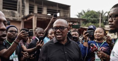 In this file photo, Labour Party presidential candidate Peter Obi (C) speaks to the media outside a polling station, before polls opened during Nigeria&#039;s presidential and general election, Feb. 25, 2023, Amatutu, Nigeria. (AFP Photo)