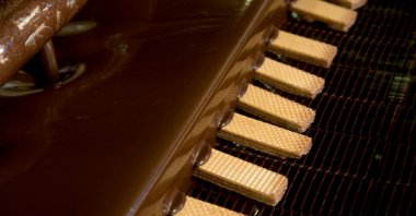 Wafers in a factory during production as they meet with chocolate. (Shutterstock Photo)