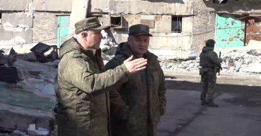 Defense Minister Sergei Shoigu (R) during an inspection of a forward command post in Ukraine, March 4, 2023. (Reuters Photo)