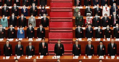 Chinese President Xi Jinping and other officials sing the national anthem at the opening session of the National People's Congress (NPC) at the Great Hall of the People in Beijing, China, March 5, 2023. (Reuters photo)
