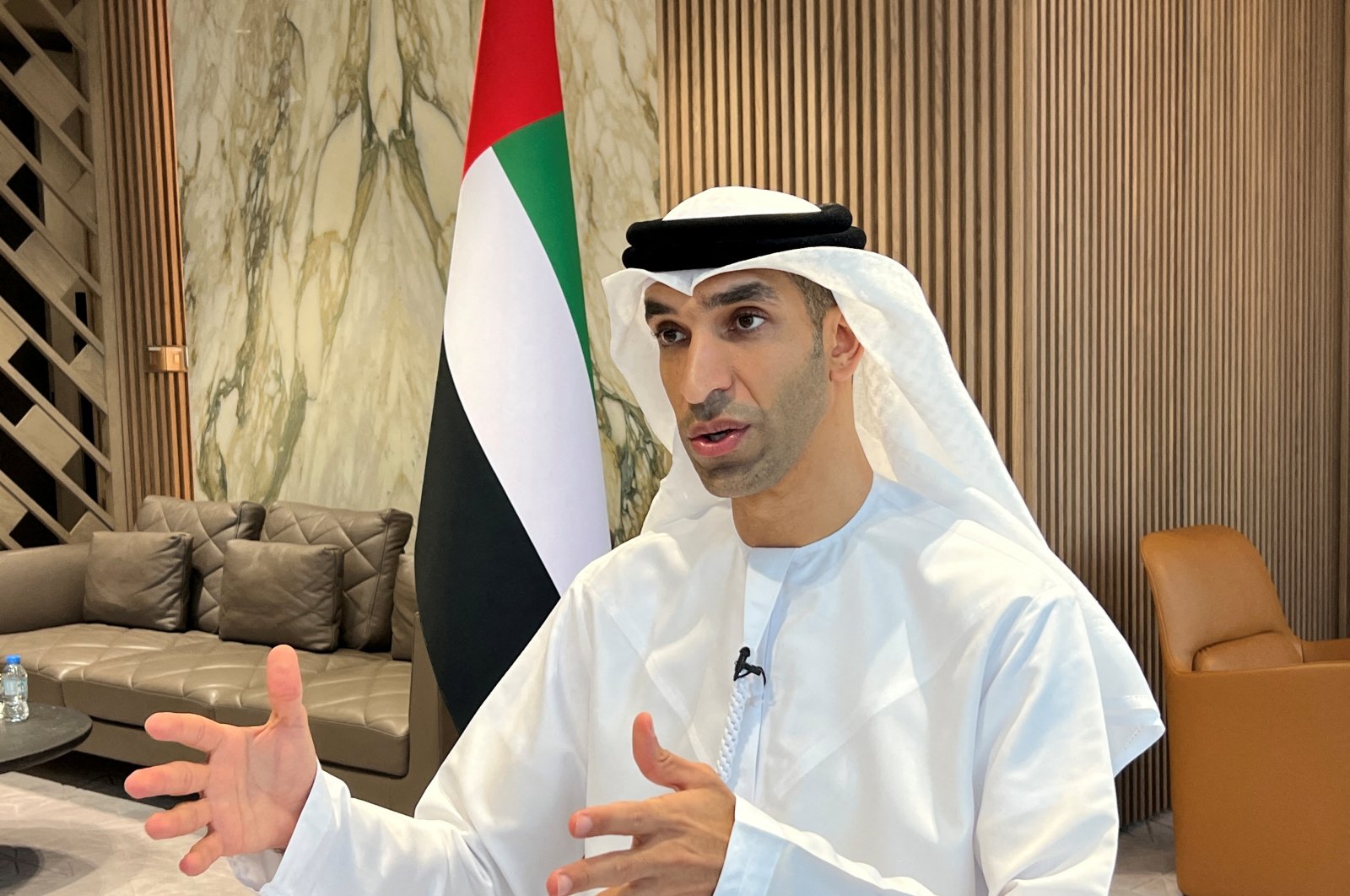 FILE PHOTO: United Arab Emirates Minister of State for Foreign Trade Thani Al Zeyoudi gestures during an interview with Reuters in Dubai, United Arab Emirates, June 30, 2022. (Reuters photo)