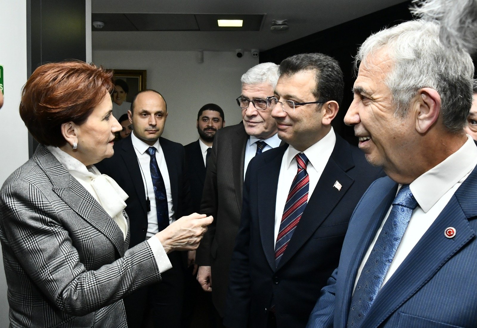 Good Party (IP) Chair Meral Akşener (L) speaks with Ankara Mayor Mansur Yavaş (R) and Istanbul Mayor Ekrem Imamoğlu (C) at her party’s headquarters in Ankara, Türkiye, March 6, 2023. (DHA Photo)