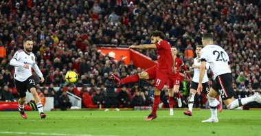 Liverpool's Mohamed Salah scores their fourth goal during English Premier League match against Manchester United at the Anfield, Liverpool, U.K., March 5, 2023. (Reuters Photo)