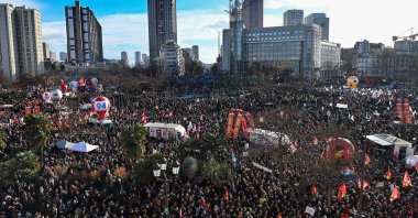 Protesters gather at Place d&#039;Italie square for a rally on the second day of nationwide strikes and protests over the government&#039;s proposed pension reform, in Paris, France, Jan. 31, 2023. (AFP Photo)