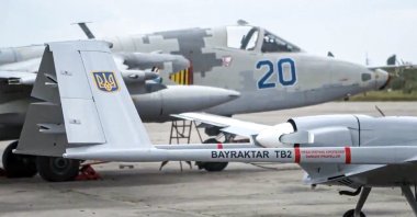 A screengrab shows a Bayraktar TB2 UCAV that belongs to the Ukrainian army during the Sea Breeze military exercise in the Black Sea, Ukraine, June 30, 2021.