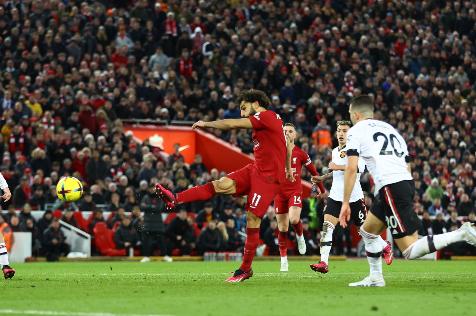 Liverpool&#039;s Mohamed Salah scores their fourth goal during English Premier League match against Manchester United at the Anfield, Liverpool, U.K., March 5, 2023. (Reuters Photo)