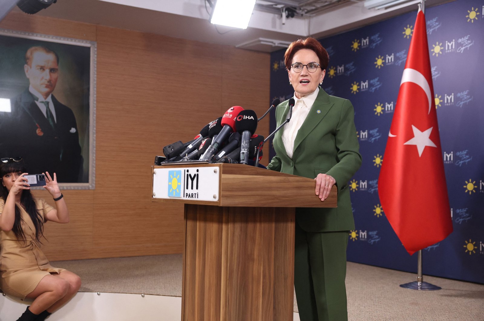 Meral Akşener, leader of the Good Party (IP), makes a statement at the party headquarters in Ankara, Türkiye, March 3, 2023. (AFP Photo)