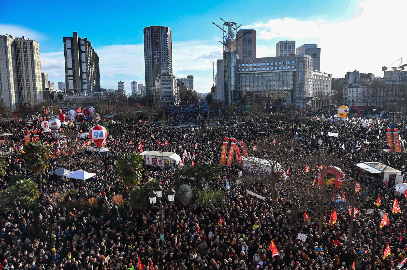 Protesters gather at Place d&#039;Italie square for a rally on the second day of nationwide strikes and protests over the government&#039;s proposed pension reform, in Paris, France, Jan. 31, 2023. (AFP Photo)