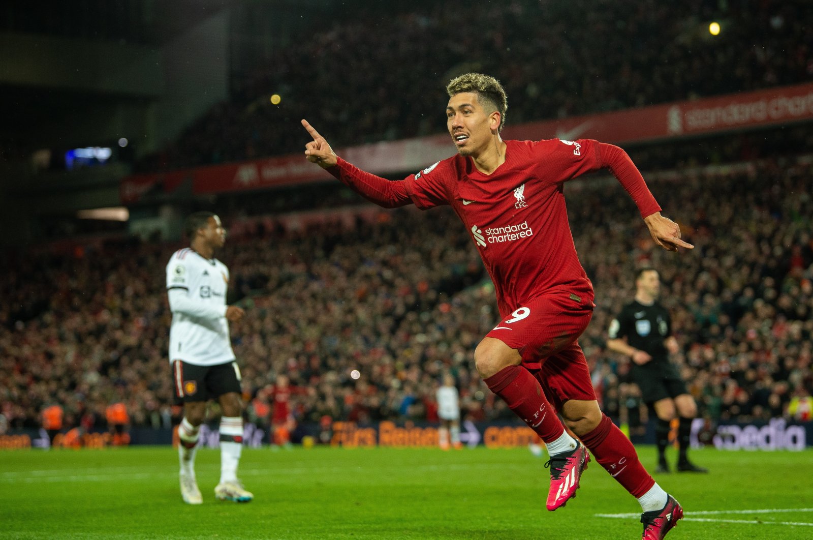 Liverpool&#039;s Roberto Firmino celebrates after scoring the 7-0 goal during the English Premier League match against Manchester United, Liverpool, UK., March 5, 2023. (EPA Photo)